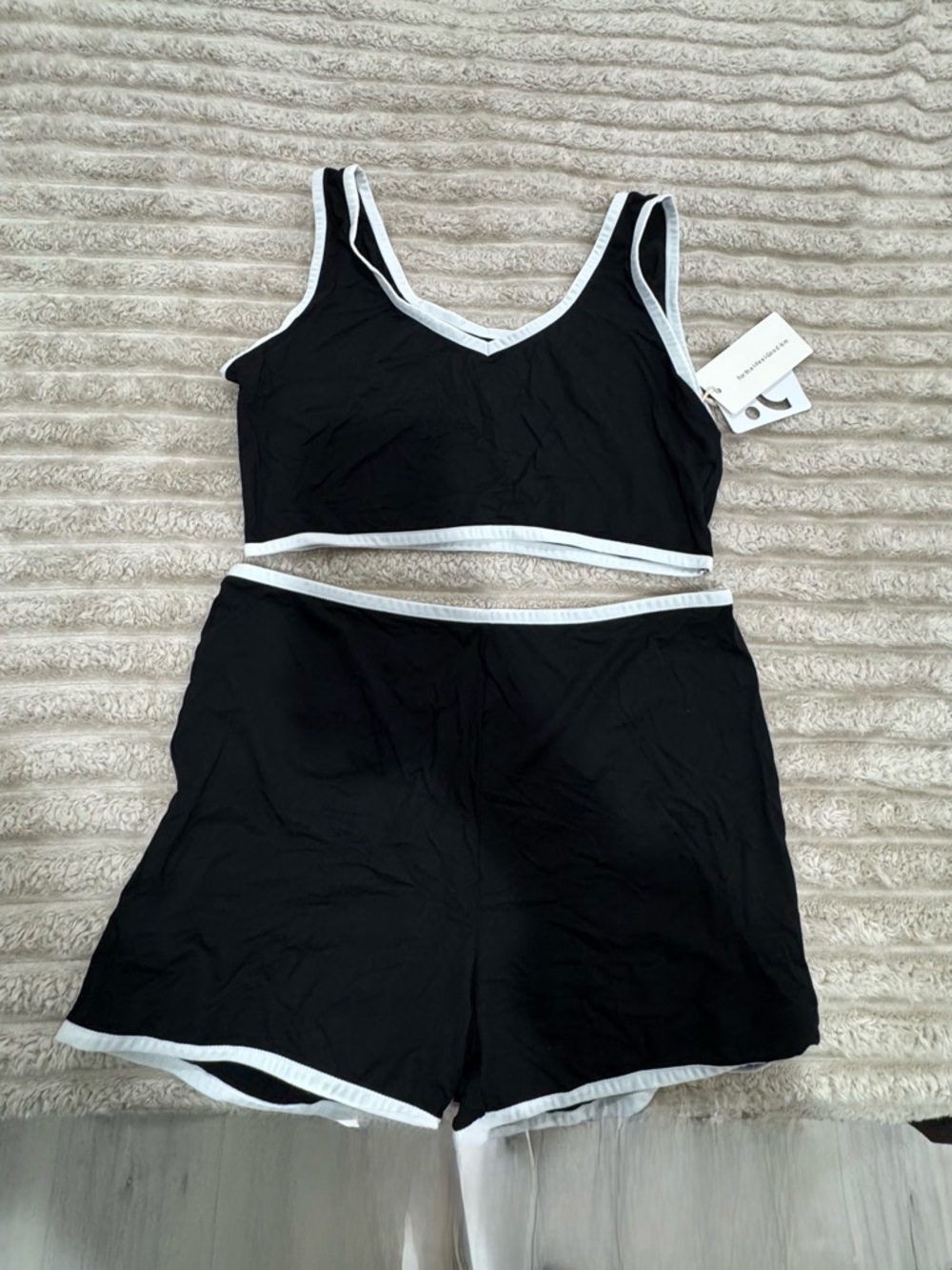 Commense Black Sleep Crop Top and Shorts with White Trim